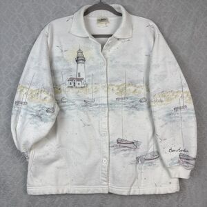 Vtg Artisans Sweatshirt Jacket Womens L Bar Harbor Maine Lighthouse Sailboat Y2K
